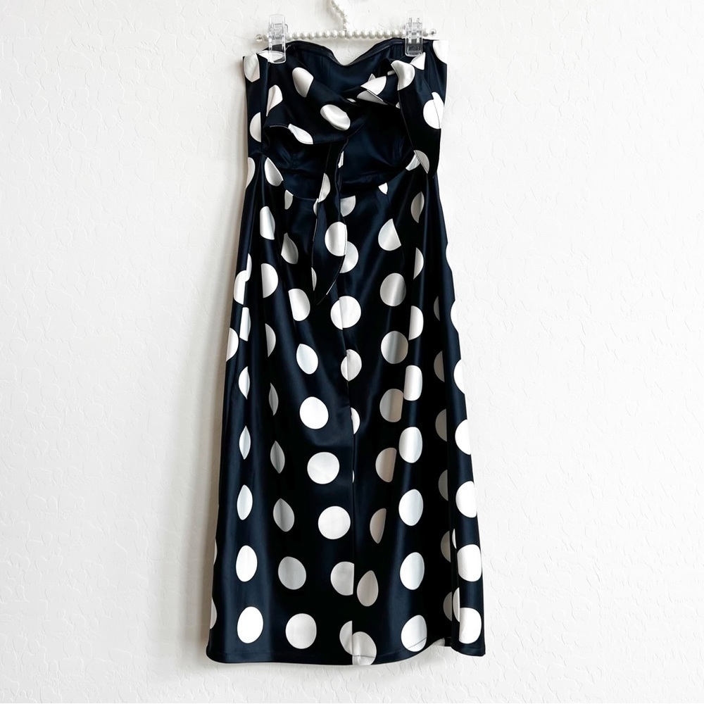 Bardot Women's Satin Polka Dot Strapless Dress Sweetheart Navy Tie Back 4/XS - Picture 4 of 6